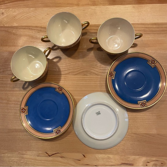 Limoges consommé bowls three, hand painted cerulean blue gold trim. - Picture 4 of 6